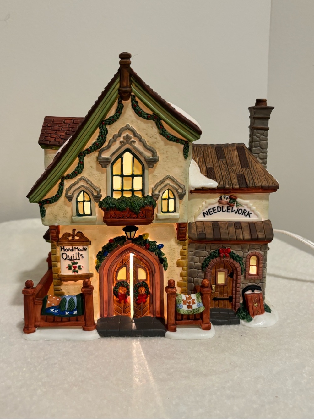 Patchworks Quilt Shoppe Lighted Porcelain House Santa’s workbench collection